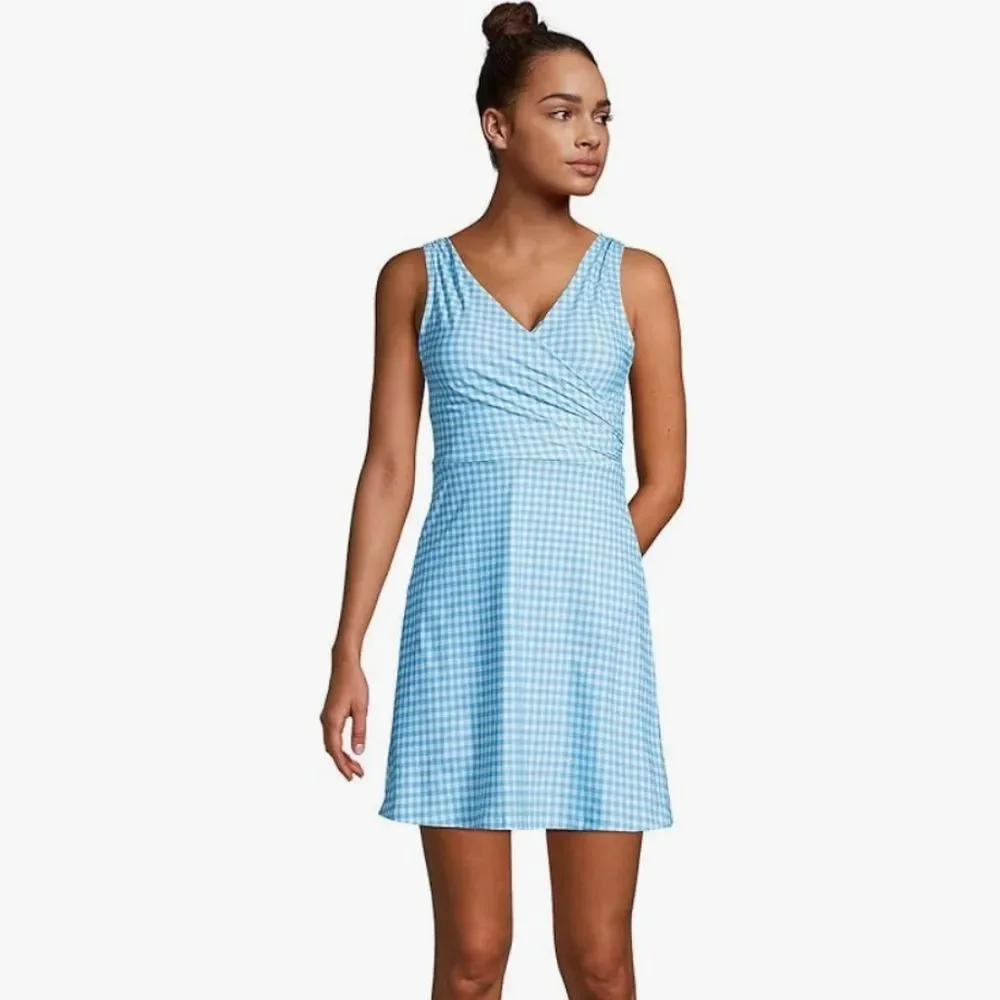 NWT Lands' End Aqua Blue Gingham Tummy Control Swim Dress Size 12 LONG Modest